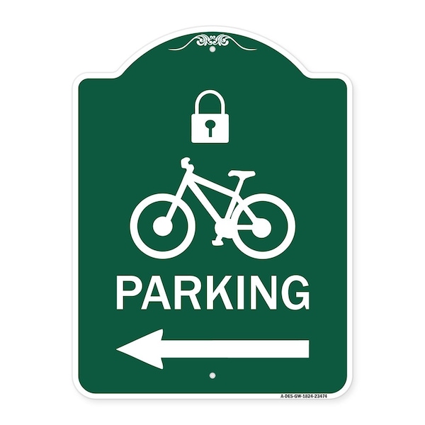 Parking W/ Lock Cycle & Left Arrow, Green & White Aluminum Sign, 18" x 24", GW-1824-23474
